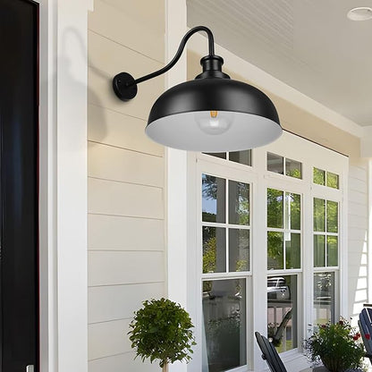 Outdoor Gooseneck Barn Light,16 Inch Dome Outdoor Wall Sconce Farmhouse Exterior Wall Mount Light Vintage Wall Lighting Fixture Industrial Black Wall Lantern for Porch, Entryway, Garage, 1 Pack