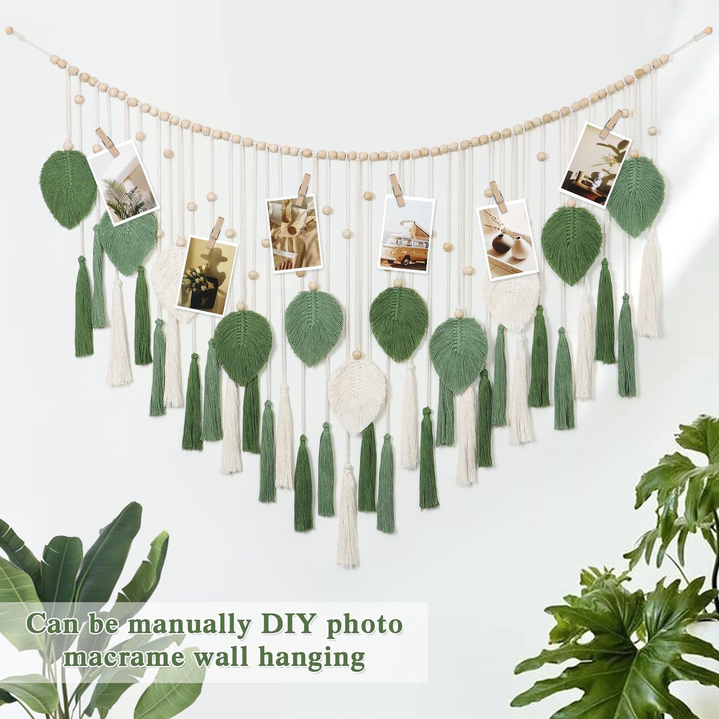 Betylifoy Large Macrame Wall Hanging Boho Handmade Woven Tapestry with Wood Beads Beige Green Chic Leaf Feather Boho Wall Art Decor Macrame Tapestry Wall Decor for Bedroom Living Room Nursery Apartment 51.2"W X 31.5"L