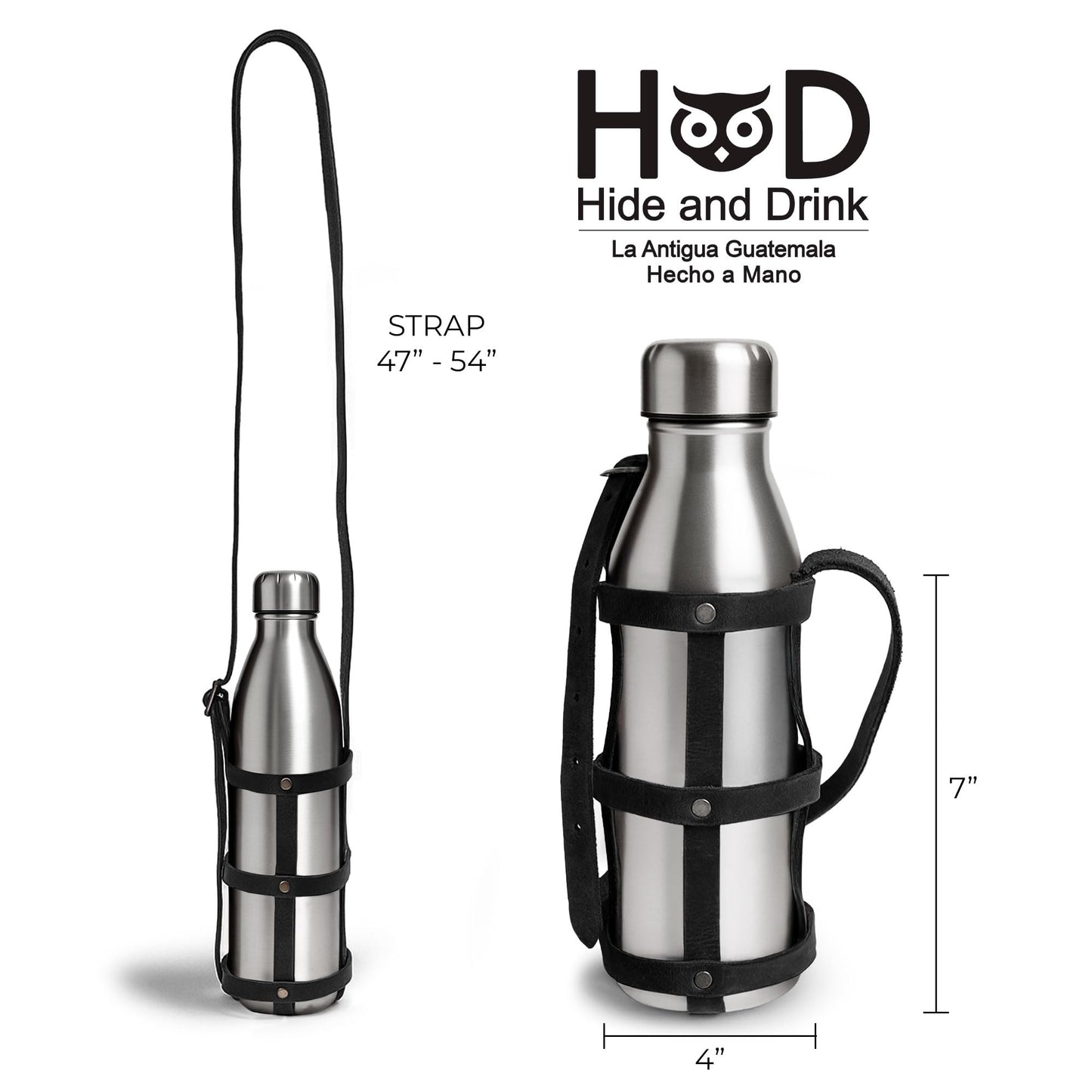 Hide & Drink, Rustic Leather Water Bottle Holder With Adjustable Strap, Fits (2.5 in.) Diameter Bottles, Holster, Carrier, Case, Booze Strap, Handmade (Charcoal Black)