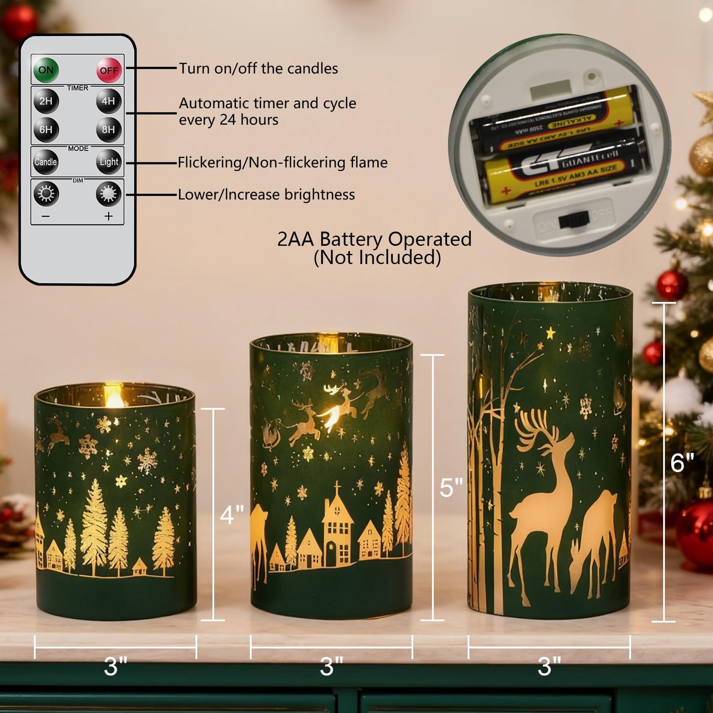 DRomance Christmas Flameless Candles Battery Operated with 10-Key Remote and Timer 3D Wick Flickering Electroplating Glass Reideer LED Candles Indoor Holiday Decorations(Green, 3" D x 4", 5", 6" H)
