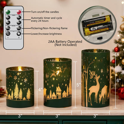 DRomance Christmas Flameless Candles Battery Operated with 10-Key Remote and Timer 3D Wick Flickering Electroplating Glass Reideer LED Candles Indoor Holiday Decorations(Green, 3" D x 4", 5", 6" H)