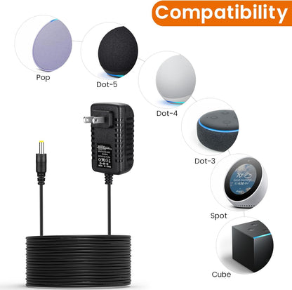 15W Power Adapter Replacement for Echo Pop, Dot 5th Gen, Dot 4th Gen, Dot 3rd Gen, Kids Edition, TV Cube Smart Speakers - Black Charger Cord Plug Long Cable, 5ft