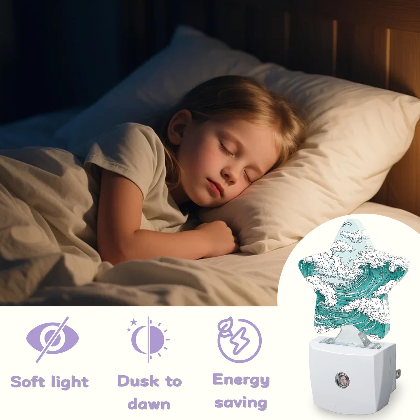 Japanese Wave Art Decorative Nightlight Plug in Wall,Classic Ocean Star Shaped Night Light with Built in Sensor for Home Decor,Kitchen Hallway Stairs Desk Lamp