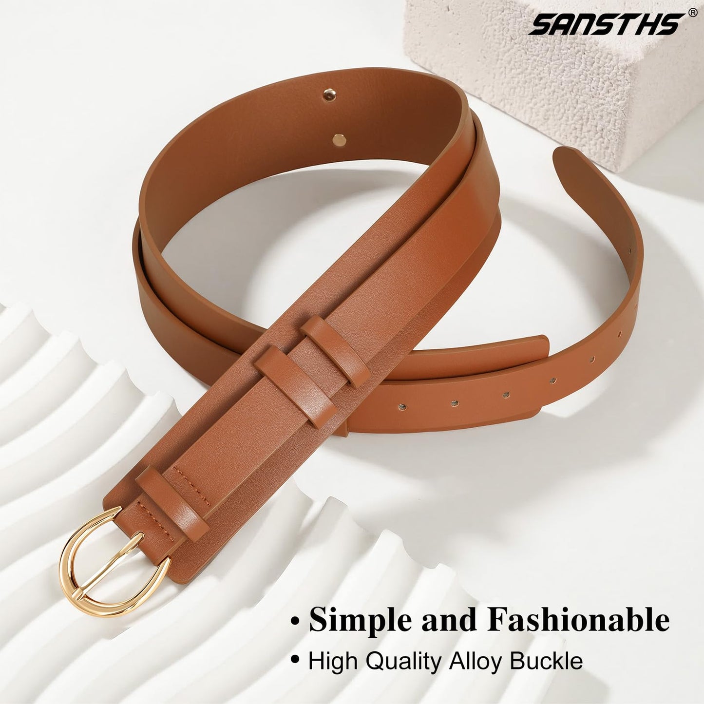 SANSTHS Belt for Women 2-in-1 Waistband for Dress Coats Pants, Women Wide Leather Belt with Fashion Buckle, Brown M