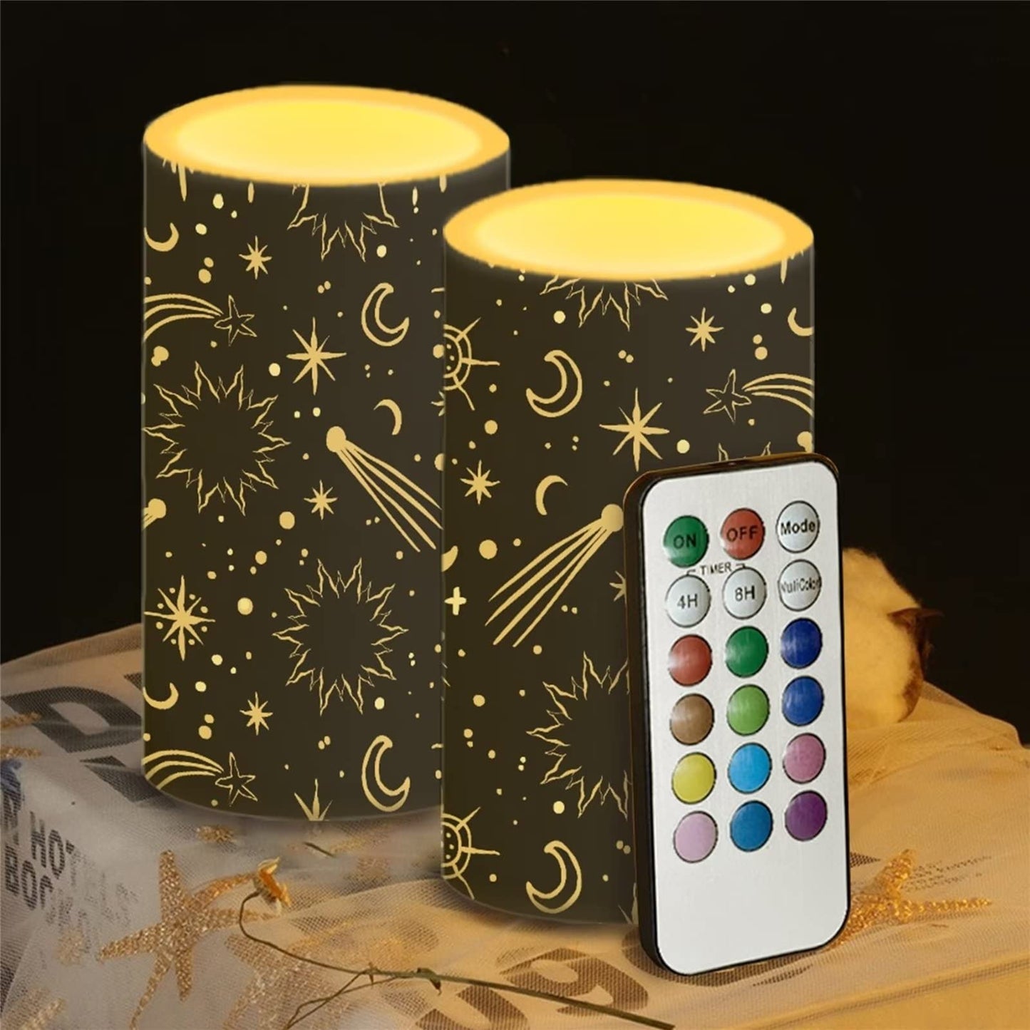 Cozeyat Star Moon Print Flickering Electric Tealights for Indoor Outdoor Decor,2 Pieces Flameless Votive Tea Lights,Real Wax Pillar LED Candles Battery Operated,Waterproof