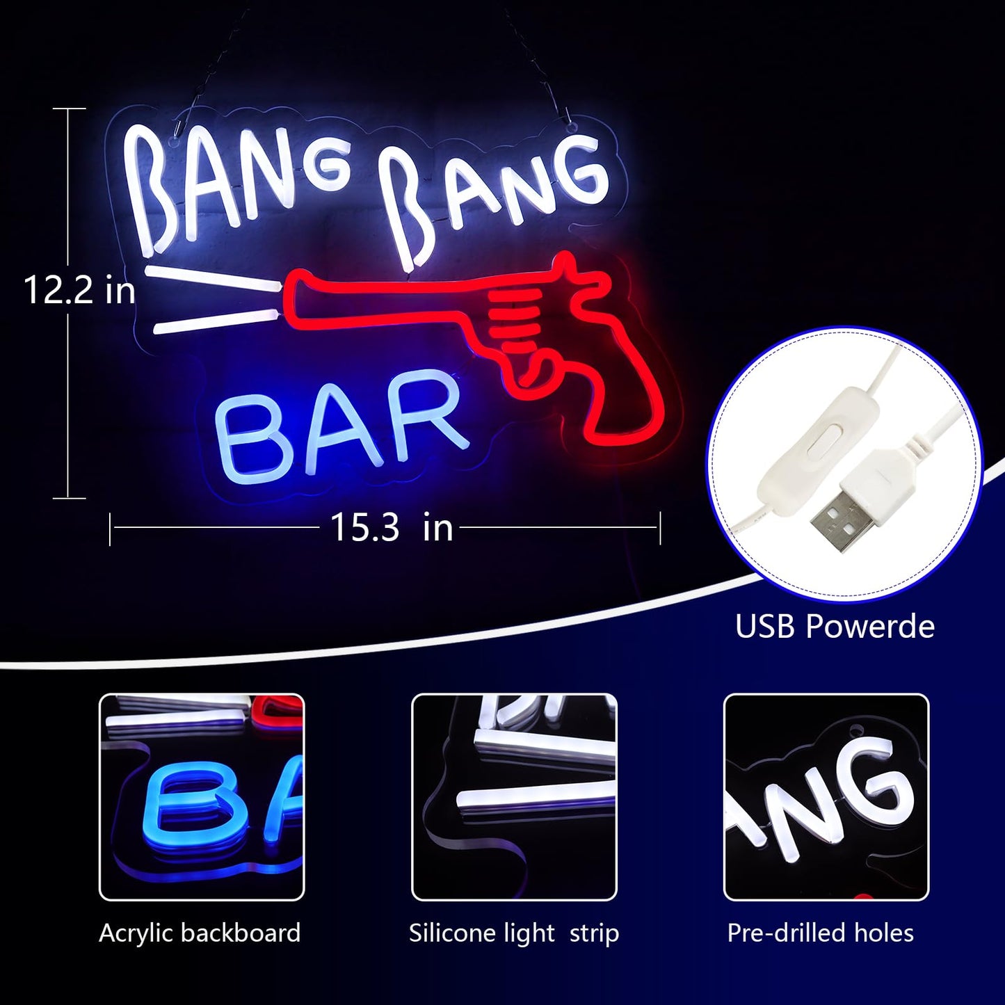 JFLLamp BANG BANG BAR Neon Signs for Wall Decor The Roadhouse Neon Lights for Bedroom Led Business Signs Suitable for Man Cave Bar Pub Restaurant Christmas Gift Art 5V Power Adapter 12.2 * 15.4 Inch(Blue+red+white)