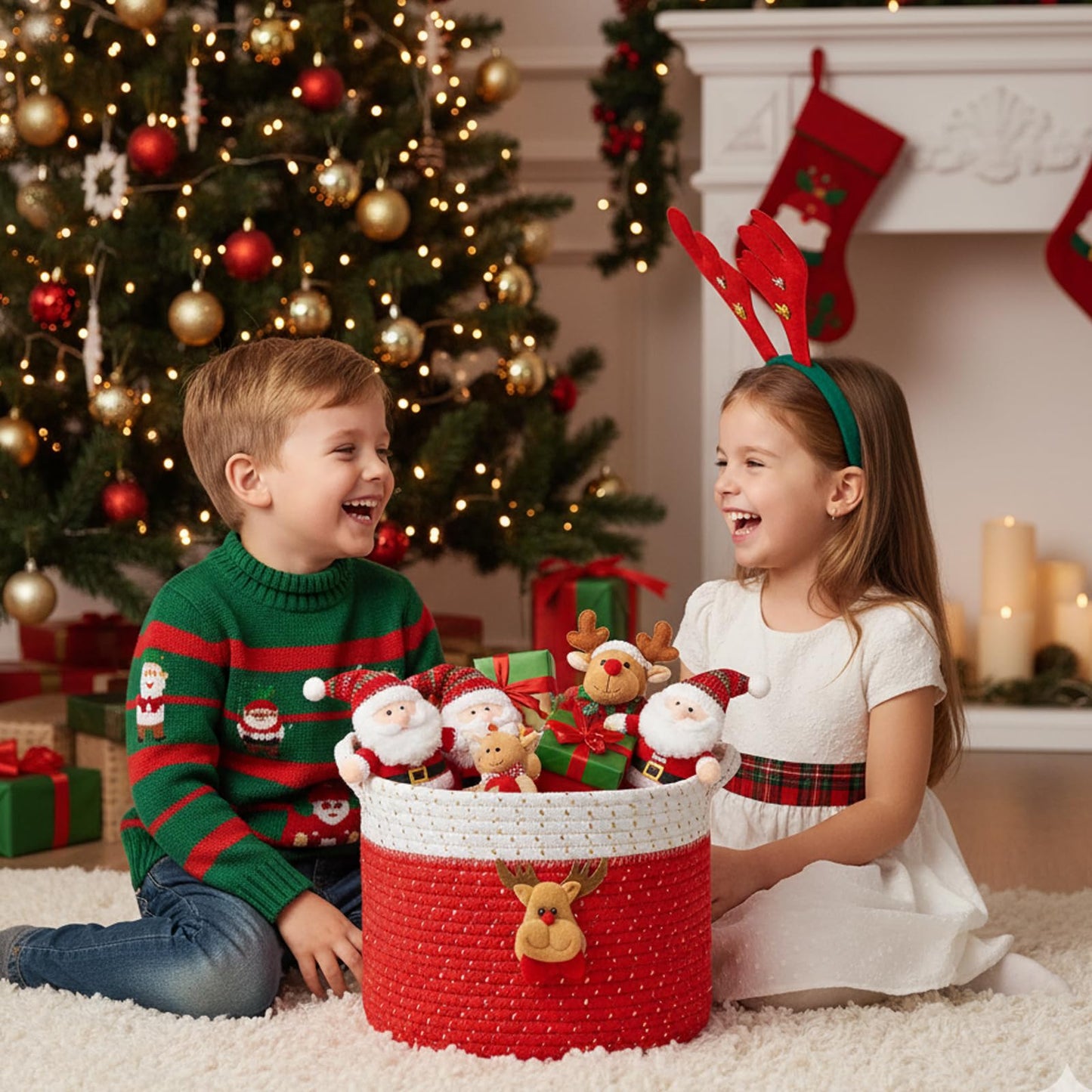 INough Christmas Baskets Cotton Rope Baskets for Christmas Empty Red Christmas Toy Bin, Christmas Gift Bin Large Blanket Storage Baby Basket for Kids Room/Living room (Reindeer Large)