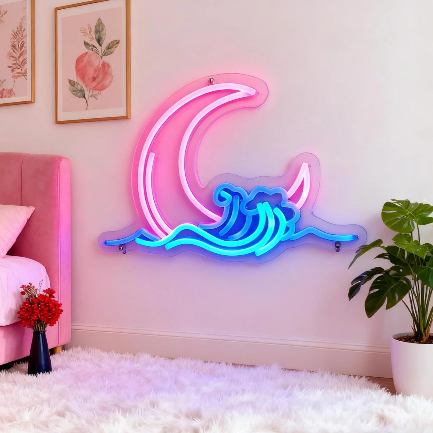 Moon and Wave Neon Sign for Wall Decor Pink Moon Blue Wave LED Neon Light for Bedroom Dresser Aesthetic Room Decor USB Powered Wall Art for Living Room Bar Kid's Room Ideal Teens Girls Gifts