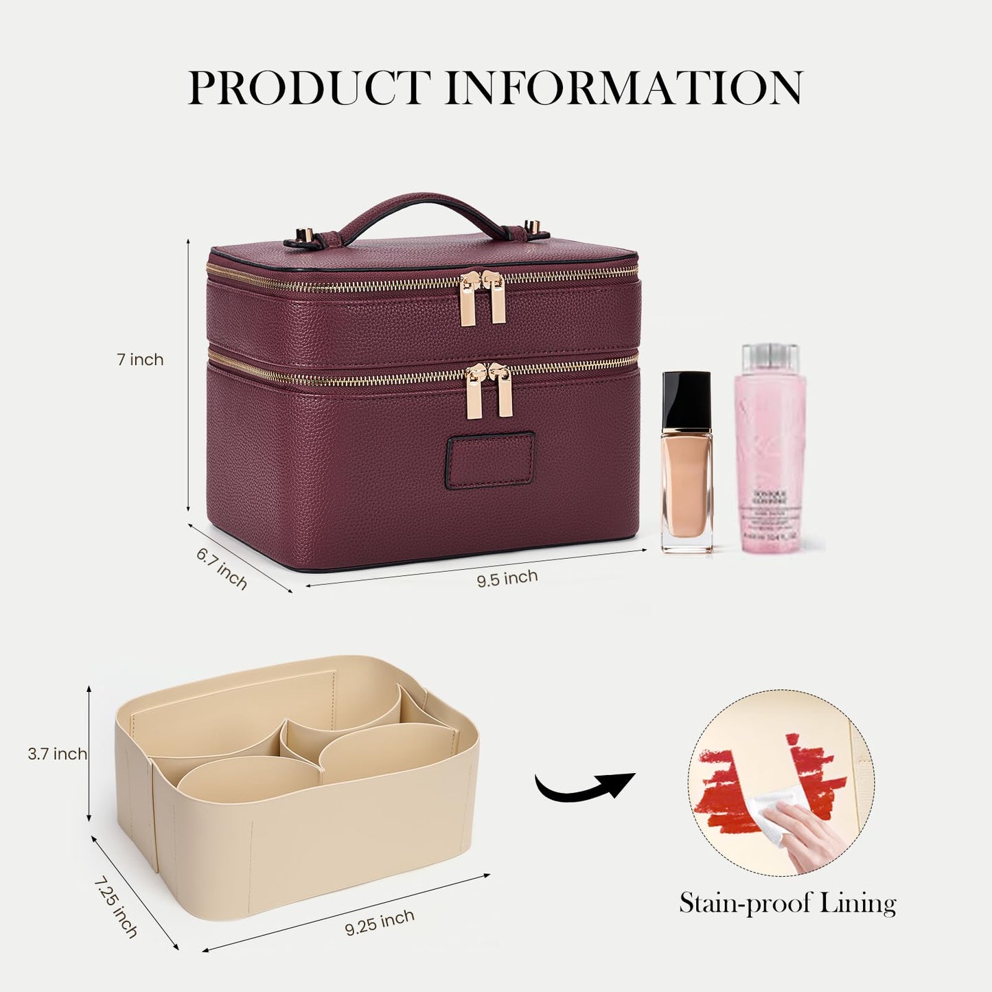 HiTotes Large Makeup Bag Duo Vanity Case for Women Leather Makeup Case Travel Toiletry Bag Portable Double Layer Cosmetic Bag