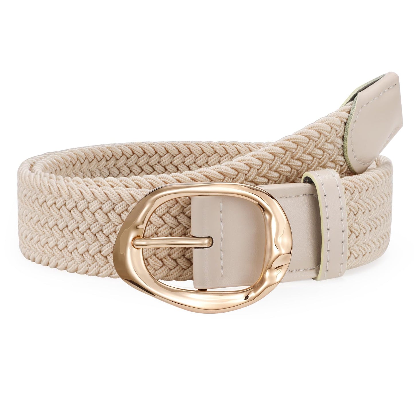 JASGOOD Braided Elastic Belt for Women Stretchy Woven Golf Belt Casual Web Belt for Jeans Pants with Gold Buckle, Beige, Fit Waist Size 37inch-41inch