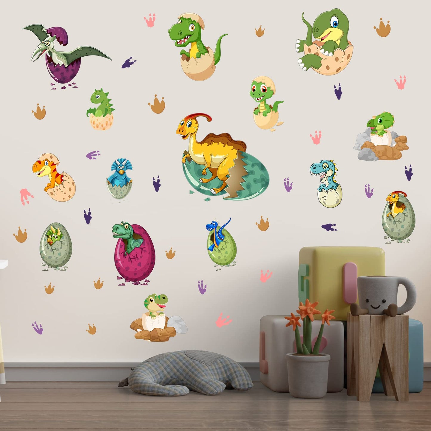Glow in The Dark Dinosaur Wall Decals for Kids Room, Removable Footprints Baby Nino Vinyl Stickers, Nursery Decoration Classroom Gift for Boy Toddlers