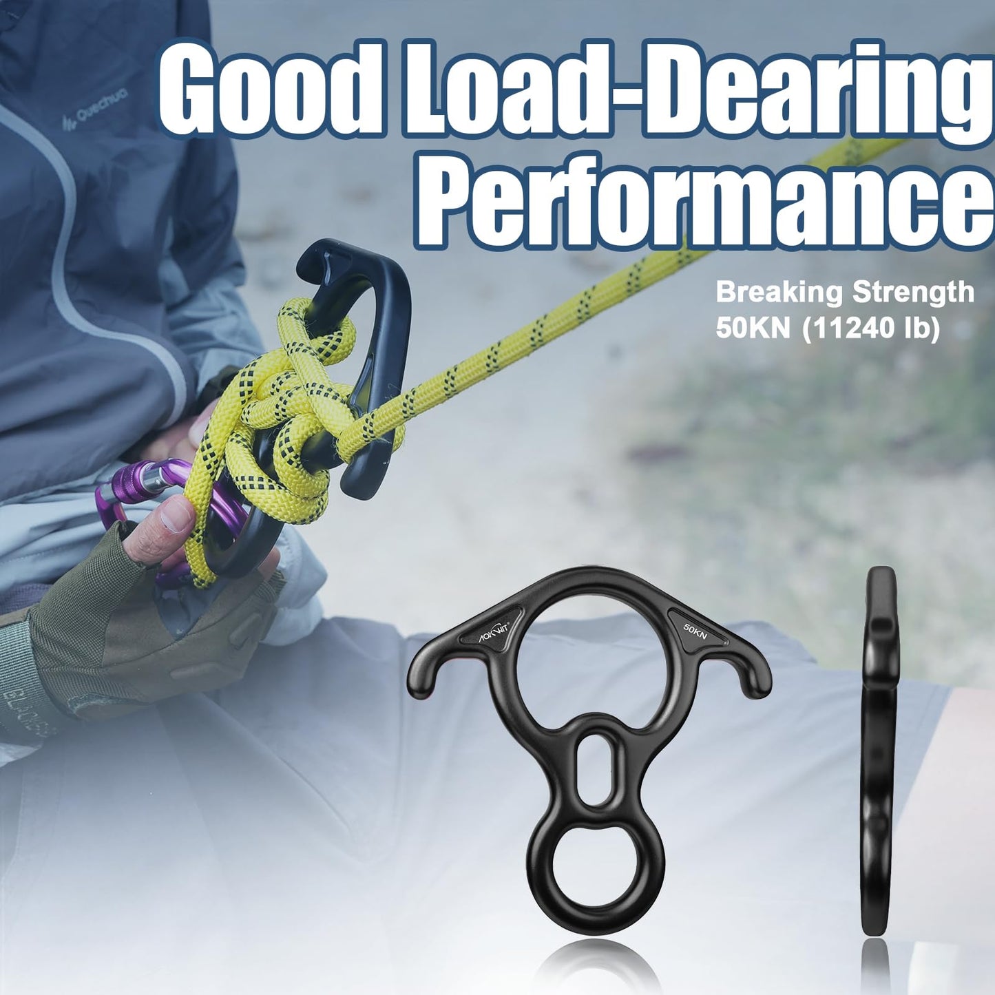 50KN Rescue Figure, 8 Descender Large Bent-Ear Belaying and Rappelling Gear Belay Device Climbing for Rock Climbing Peak Rescue 7075 Aluminum Alloy (Black)