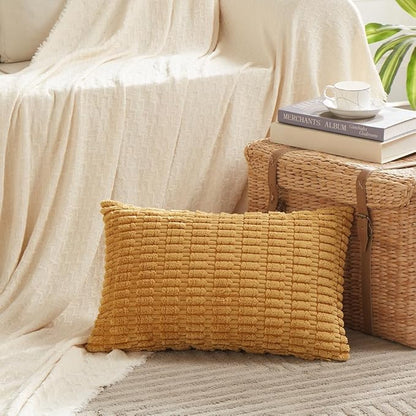 Fancy Homi Mustard Yellow Lumbar Decorative Throw Pillow Covers 12x24 Inch for Living Room Couch Bed Sofa, Rustic Farmhouse Boho Home Decor, Soft Striped Corduroy Rectangle Cushion Case 30x60 cm