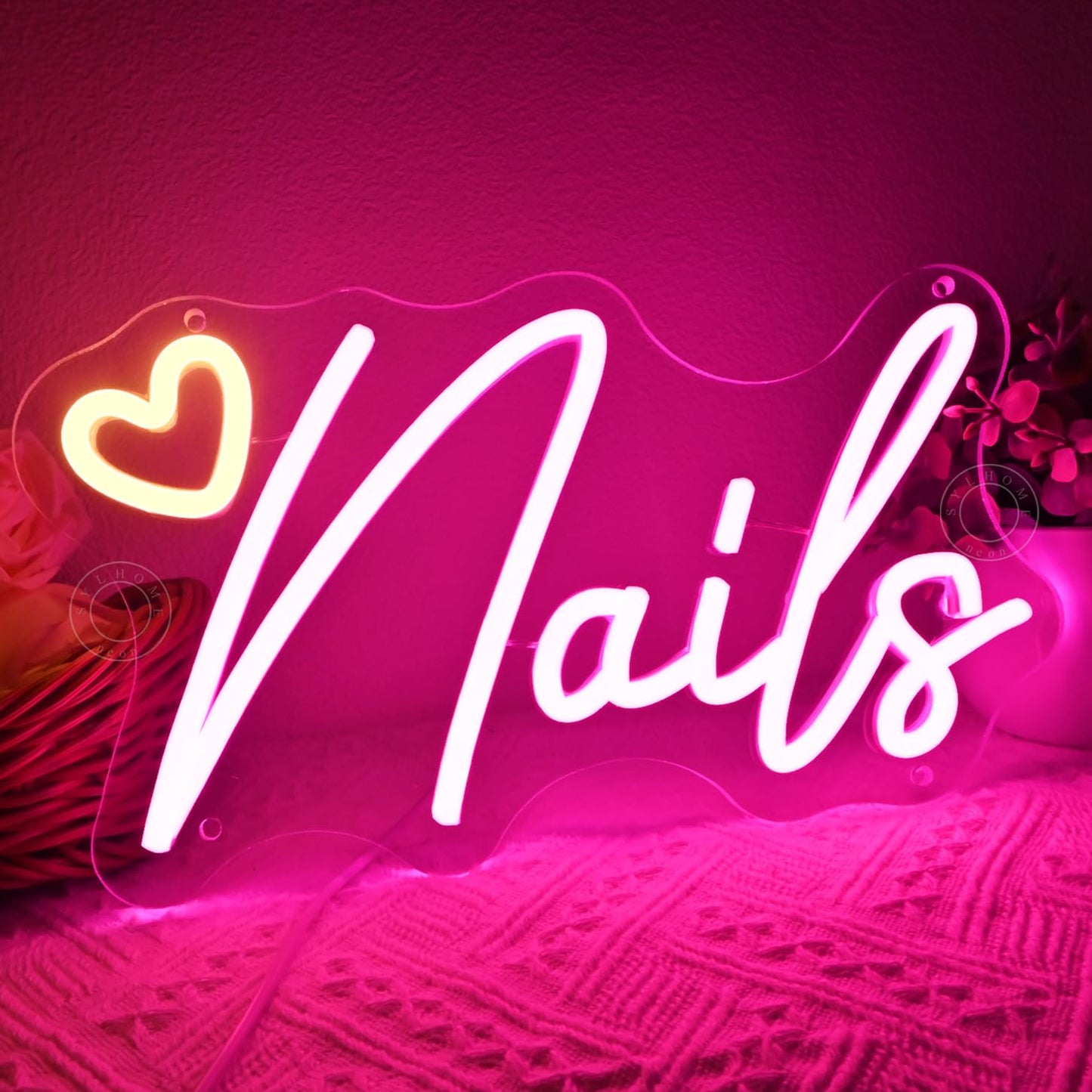 SYLHOME Led Neon Light Sign Nails With Heart Nail Studio Beauty Salon Business Makep Room Wall Sign Decor Birthday Party Backdrop 11.81" X 6.7" USB