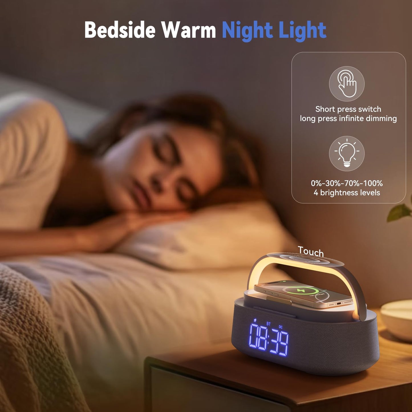 FREEFISH 6-in-1 Bluetooth Speaker with Wireless Charging, FM Radio,Bedrooms Dimmable Nights Light, Snooze Function for Home, Office, Wireless Charger Compatible iPhones 16/15/14/13/12
