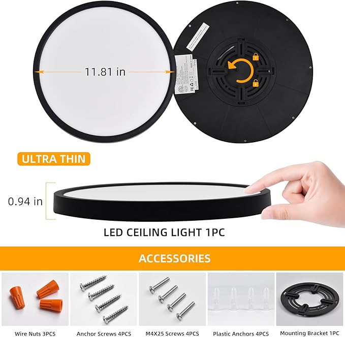 Hlite 2pack 12 inch Flush Mount LED Ceiling Light Fixture,24W 2400LM Super Slim Light Fixtures Ceiling Mount 3000K/4000K/5000K 3CCT Selectable,Ceiling Light Fixtures for Kitchen,Bedroom (Black)