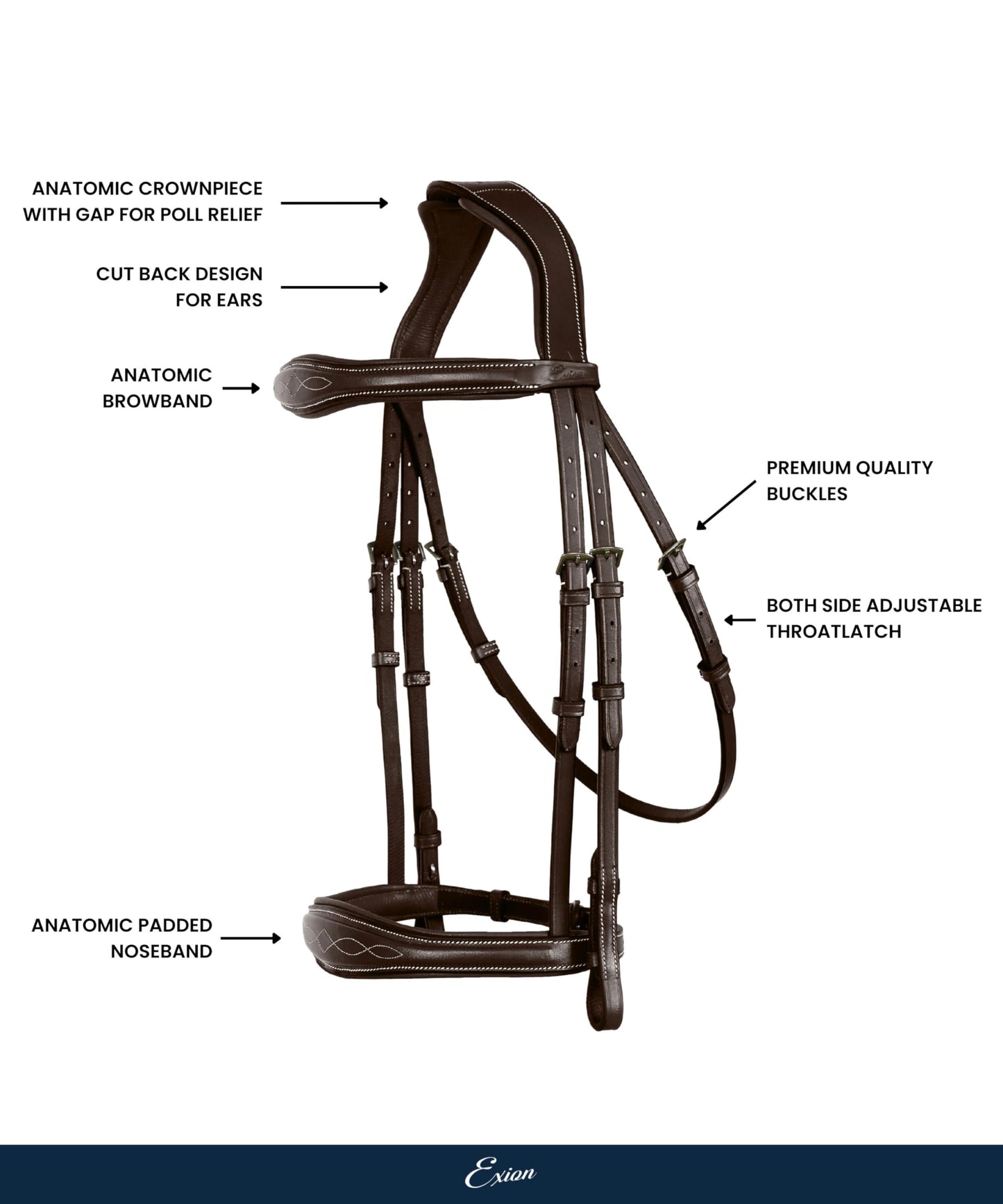 Exion Hunter Anatomic English Bridle – Padded Fancy Stitched Leather Bridle with Rubber Reins – Ergonomic Poll Relief Crownpiece for Show Jumping & Eventing – Stainless Steel – Havana Brown