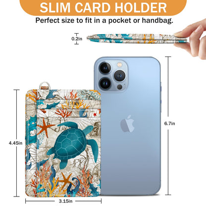 Yonlevres Credit Card Holder Slim Wallet, Sea Turtle RFID Wallet Women Front Pocket Small Card Holder Travel Cute Funny Thin Card Case ID Window PU Leather RFID Blocking Card Organizer Gifts Girls