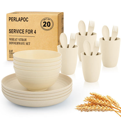 Wheat Straw Dinnerware Set 40-Piece Service for 8 Unbreakable Dishes Set Plates and Bowls Sets Drinking Glasses Microwave Safe Dish Set Lightweight Dinnerware Set for Home & Kitchen - Yellow