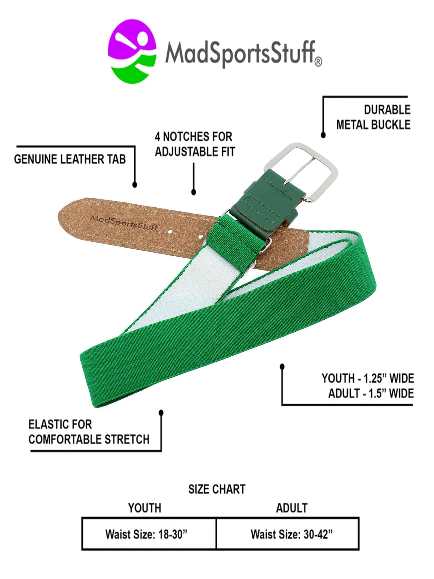 MadSportsStuff Performance Baseball Softball Belt (Adult, Kelly Green)
