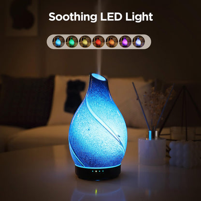 Essential Oil Diffuser Hand Blown Glass Aromatherapy Diffuser - Ultrasonic Cool Mist Scent Aroma Diffuser, Whisper Quiet with Auto Shut-Off, Timer Setting &7 Colors Night Light for Home