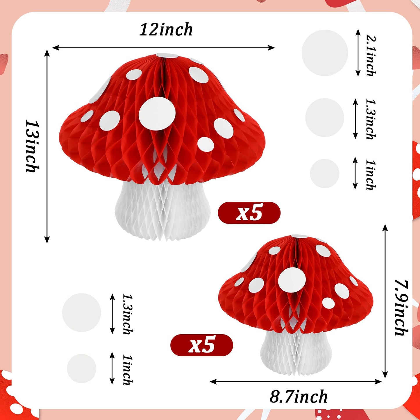 10 Pack Mushroom Shaped Honeycomb Paper Lanterns, 3D Honeycomb Paper Lanterns 2 Sizes Mushroom Party Decorations for Birthday Party Garden Room Decor (Red)