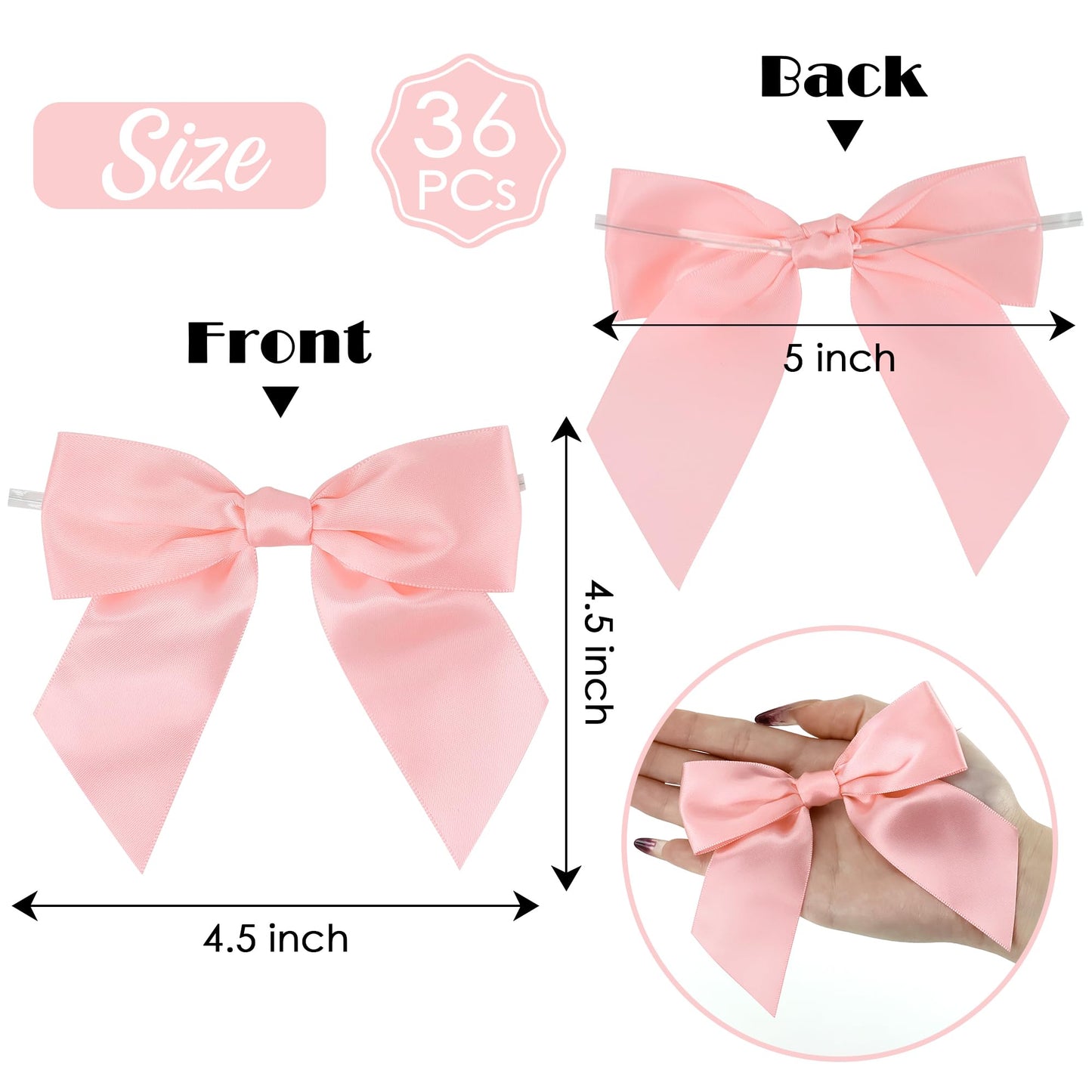 AIMUDI Baby Pink Satin Ribbon Bows 4.5" Pre-Tied Bows with Twist Ties for Gift Wrapping Treat Bags Boxes Baby Shower Wedding Party Favors Valentine's Day Decorations, 36 PCs