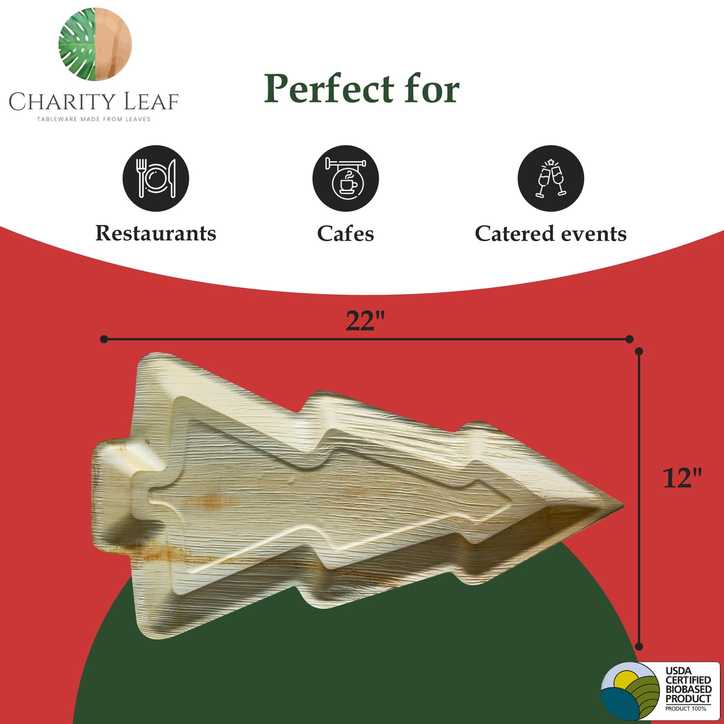 Charity Leaf Disposable Palm Leaf 22"x12" Christmas Plates (5 pieces) Bamboo Like Serving Platters, Disposable Boards, Eco-Friendly Dinnerware For Christmas, Weddings, Catering, Events
