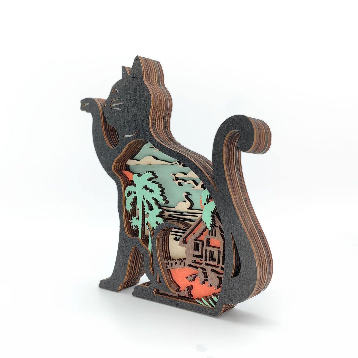 Drawelry 3D Wooden Carving Animals Lamp - Creative Fox Squirrel Wood Carved LED Night Light Garden Yard Wooden Animals Sculpture Ornaments Desktop Home Decor Birthday Gifts for Family Friend (Cat)