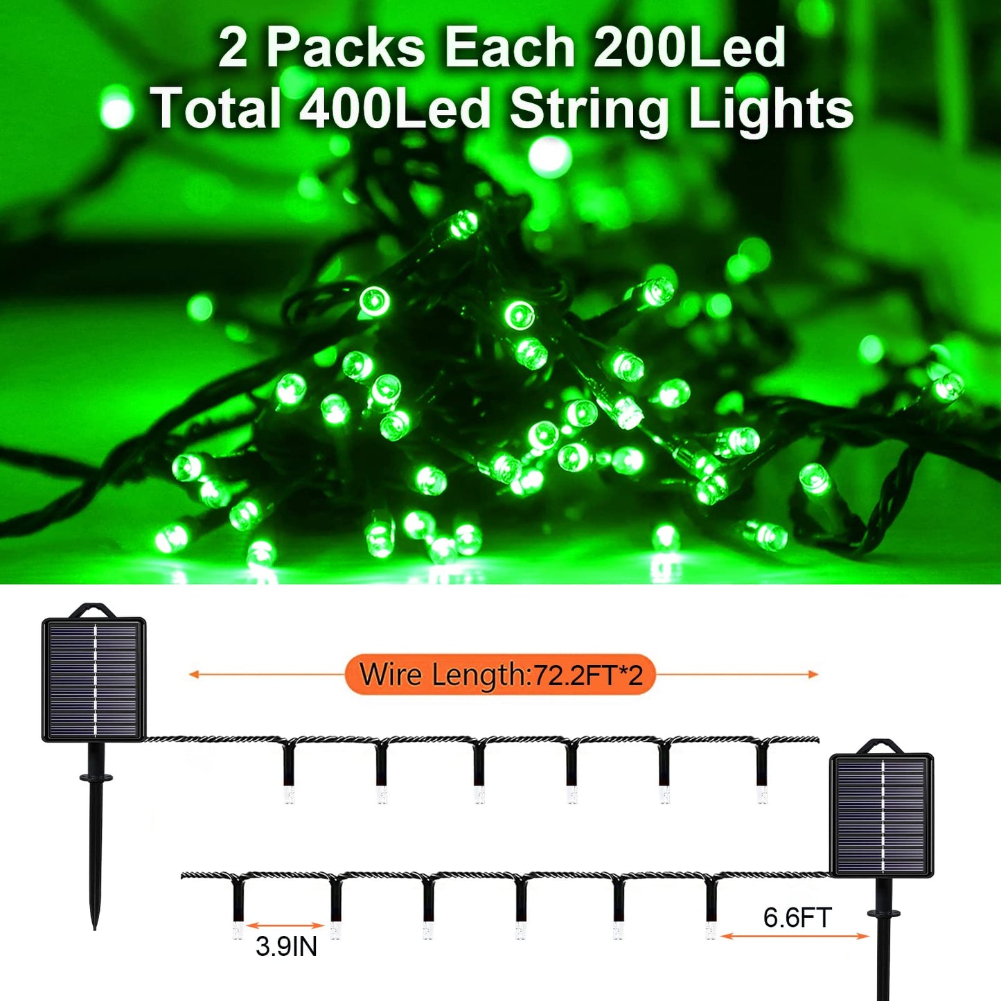 Green Solar Christmas Lights Outdoor, 2 Pack 144ft 400LED Fairy String Lights with 8 Modes IP44 Waterproof Twinkle Lights for Tree Garden Patio Wedding Party Yard Decor