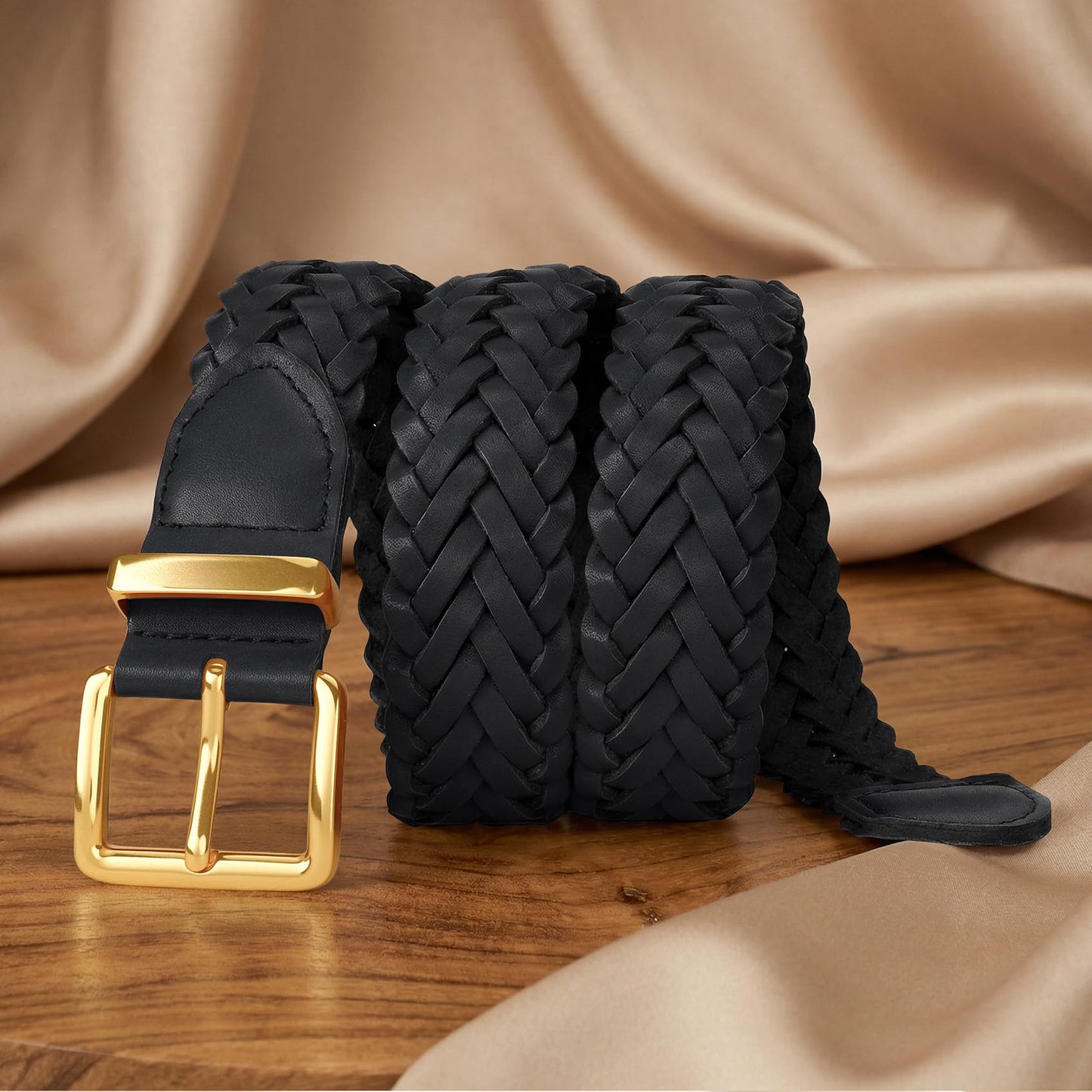 TRIWORKS Women's Braided Woven Leather Belt with Gold Buckle Belts for Women Versatile for Jeans Pants Dress