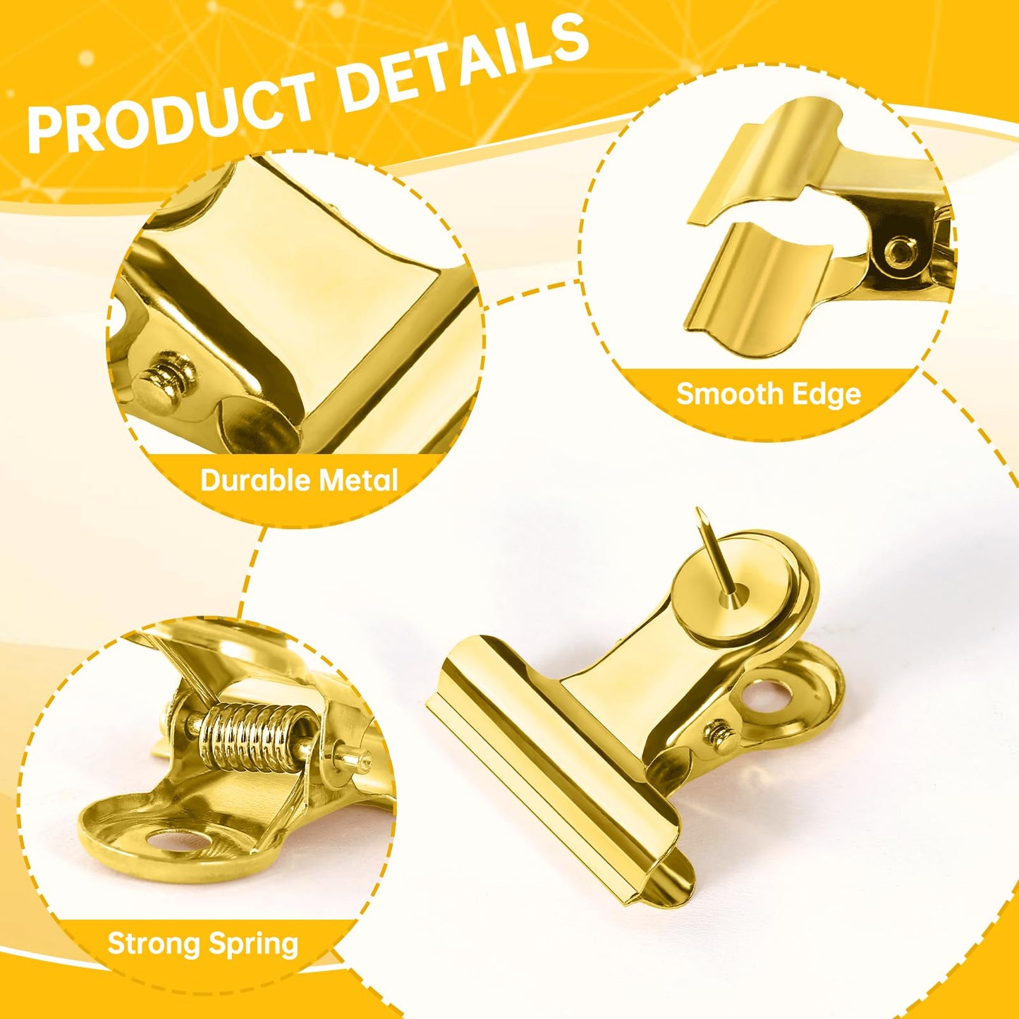 GOOLADA 36Pcs Push Pins Clips, Metal Thumb Tacks, Gold Thumbtacks with Clips, Gold Push Pins for Bulletin Board, Wall,Cork Board, No Holes