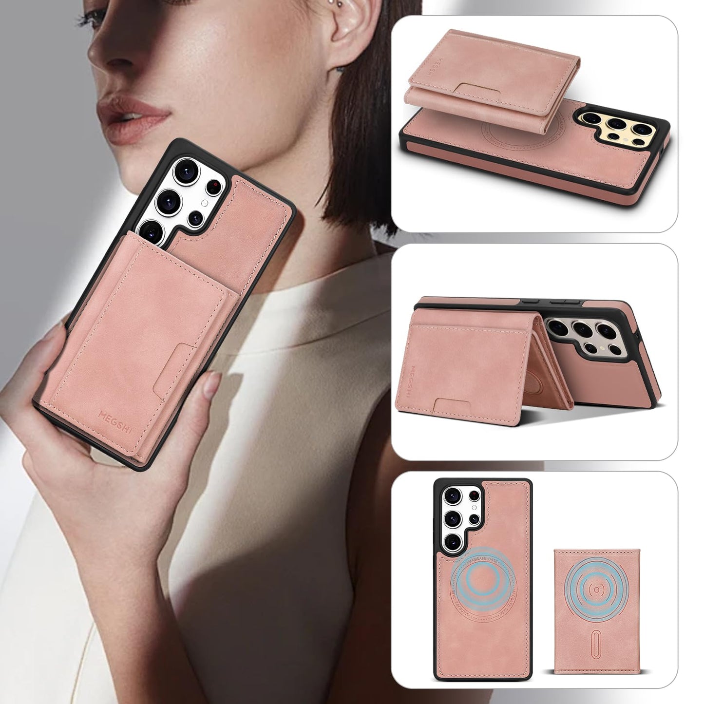 Godzoen for Samsung Galaxy S25 Ultra Wallet Case, 2-in-1 Detachable Magnetic Wallet Case, Card Holder RFID Blocking, Fashionable Faux Leather Card Slot & Folding Design (Pink)