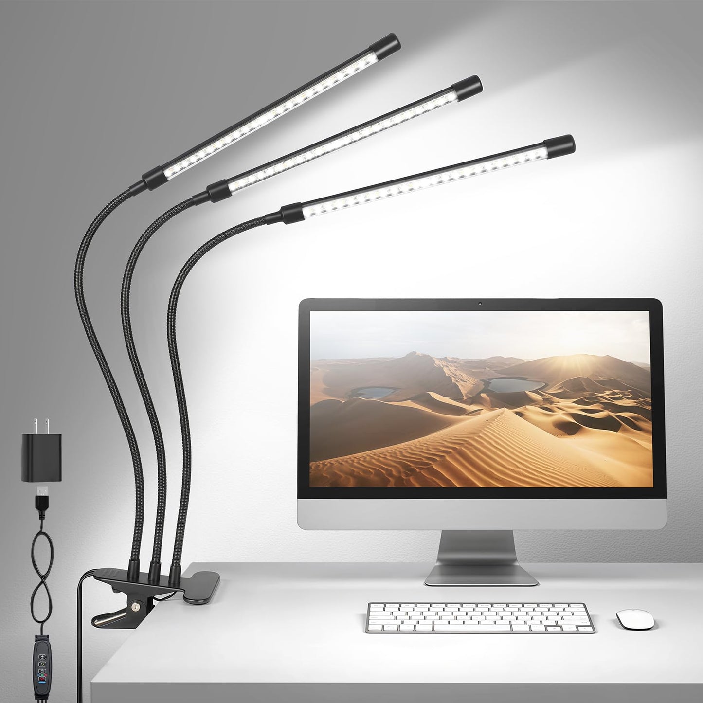 ShineTech LED Desk Lamp with Clamp, 3-Head Adjustable Gooseneck Task Lamps, Eye-Caring Stepless Dimming, 4 Color Modes, Memory & Auto-Off Timer, Clip On Desk Light for Home Office, Study, Reading