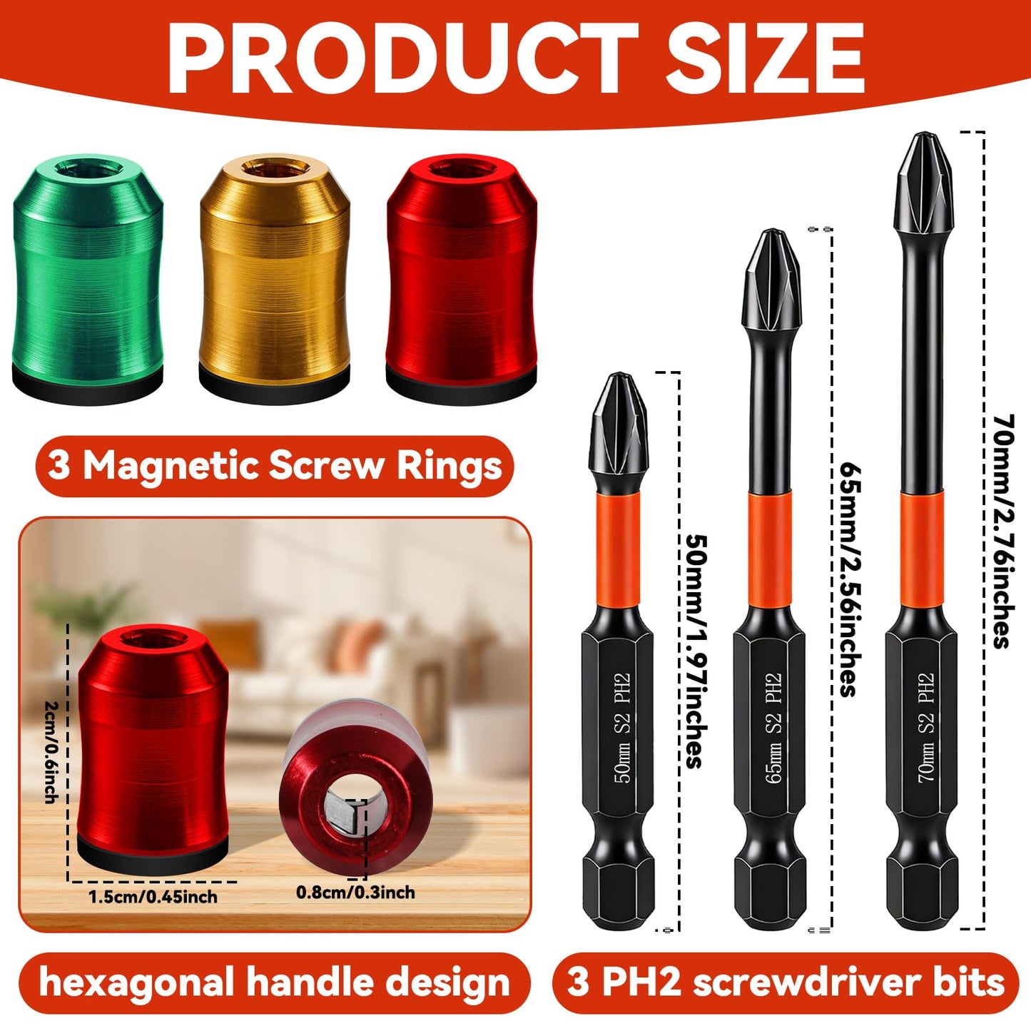 6Pcs Strong Magnetic Screw Ring with PH2 Screwdriver Bit Set Anti-Slip Design Magnetic Ring Screw Holder for Hex Screwdriver and Power Bits Removable Household Tool for Drill Tool Mechanic Carpenter
