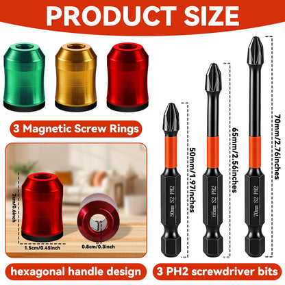 6Pcs Strong Magnetic Screw Ring with PH2 Screwdriver Bit Set Anti-Slip Design Magnetic Ring Screw Holder for Hex Screwdriver and Power Bits Removable Household Tool for Drill Tool Mechanic Carpenter