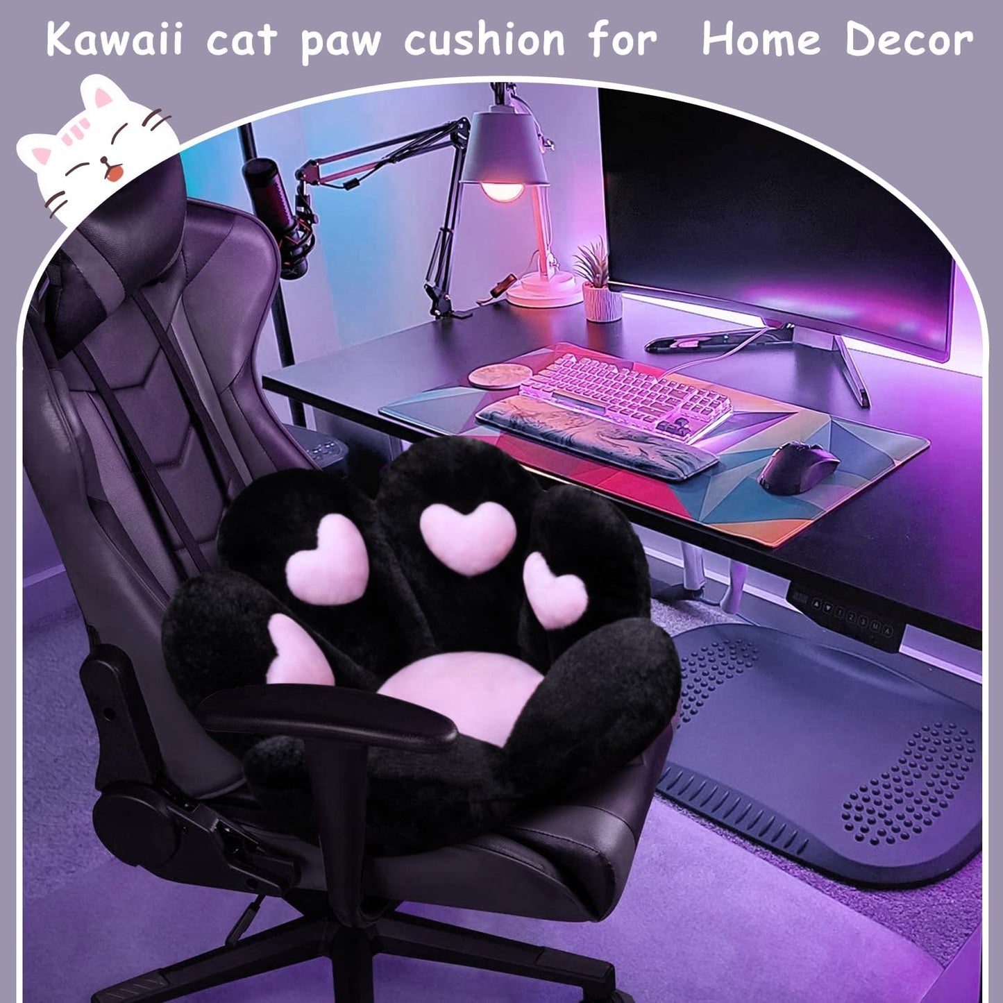 DOBUONO Cat Paw Cushion Kawaii Office Chair Cushion Comfy Plush Gaming Chair Cushion Kawaii Seat Cushion for Girl, Cute Gaming Accessories Room Bedroom Decorate 28"x 24" (Black)