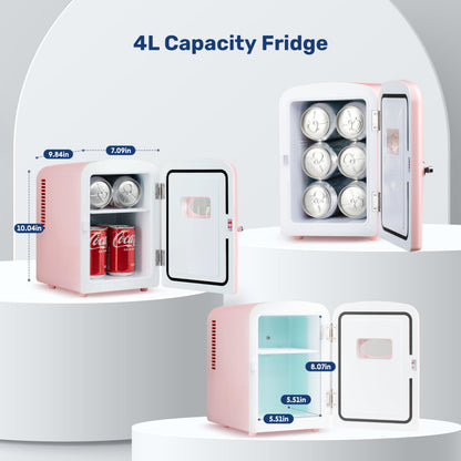 YSSOA 4L Mini Fridge with Observation Window, Portable Warmer & Cooler Six 12oz Cans Compact Refrigerator, 100% Eco Friendly and Freon-Free, Pink