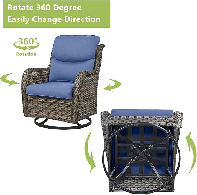 Rilyson Wicker Rocking Chair Swivel Chairs - 2 Piece Rocker Patio Chairs Set Rattan Rocking Chair for Outdoor Porch Deck Garden Backyard (Mixed Grey/Blue/Smile)