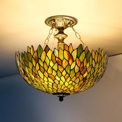 Tiffany Ceiling Light Fixture Green Wisteria Stained Glass Semi Flush Mount Lamp Wide 16 Inch Height 15 Inch Tiffany Ceiling Lamp