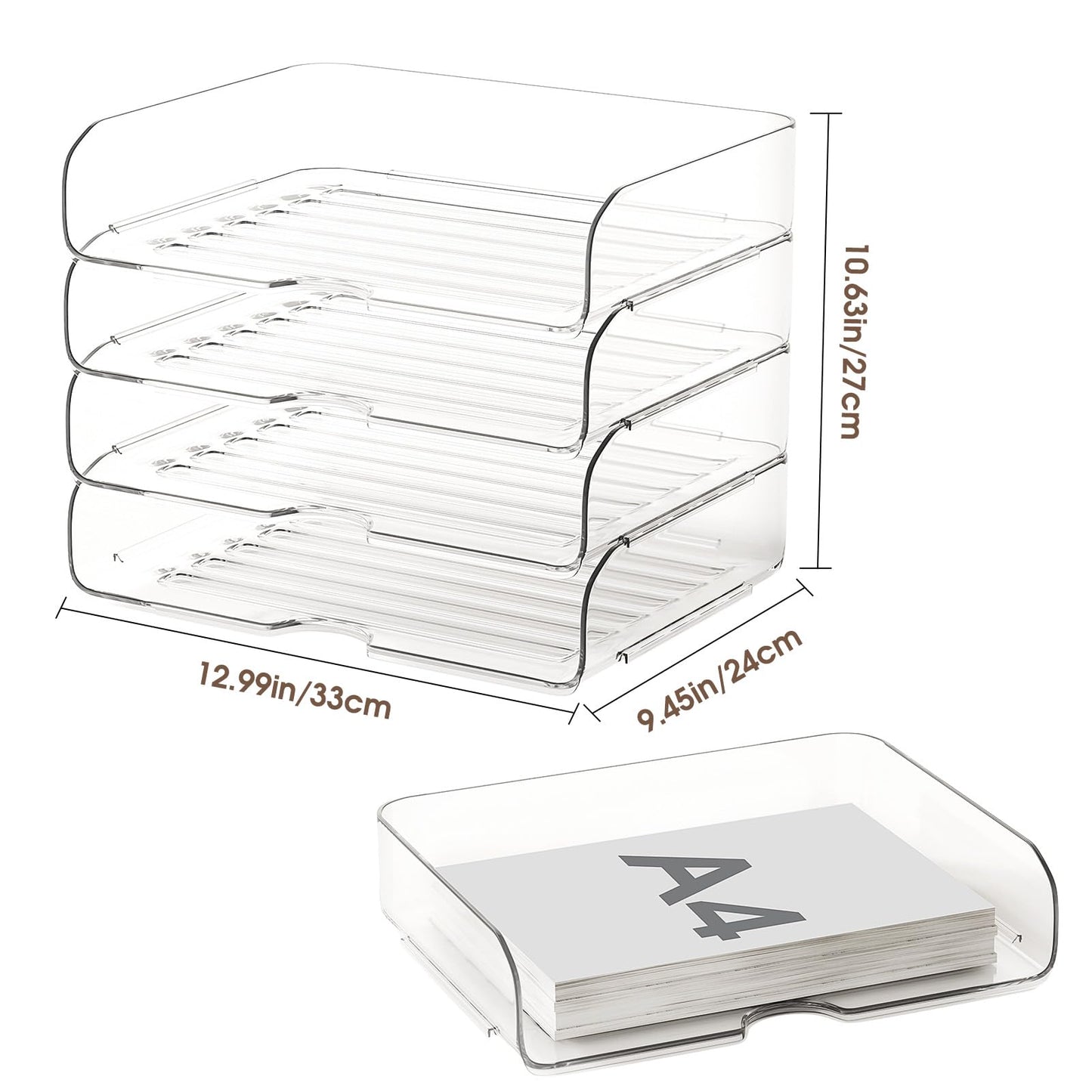 NUOGIC 4-Tier Large-Capacity Paper Organizer, Clear Stackable Desk Organizer & Acrylic Paper Tray, Transparent & Easy Access,Desk File Organizer for Home Office & School