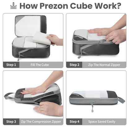 Prezon 8 Set/6 Set/4 Set Compression Packing Cubes for Travel, Lightweight Vacation Travel Essentials,Accessories for Suitcase Organizer Bags Set, Durable Luggage Organizer （6-half mesh-Grey）
