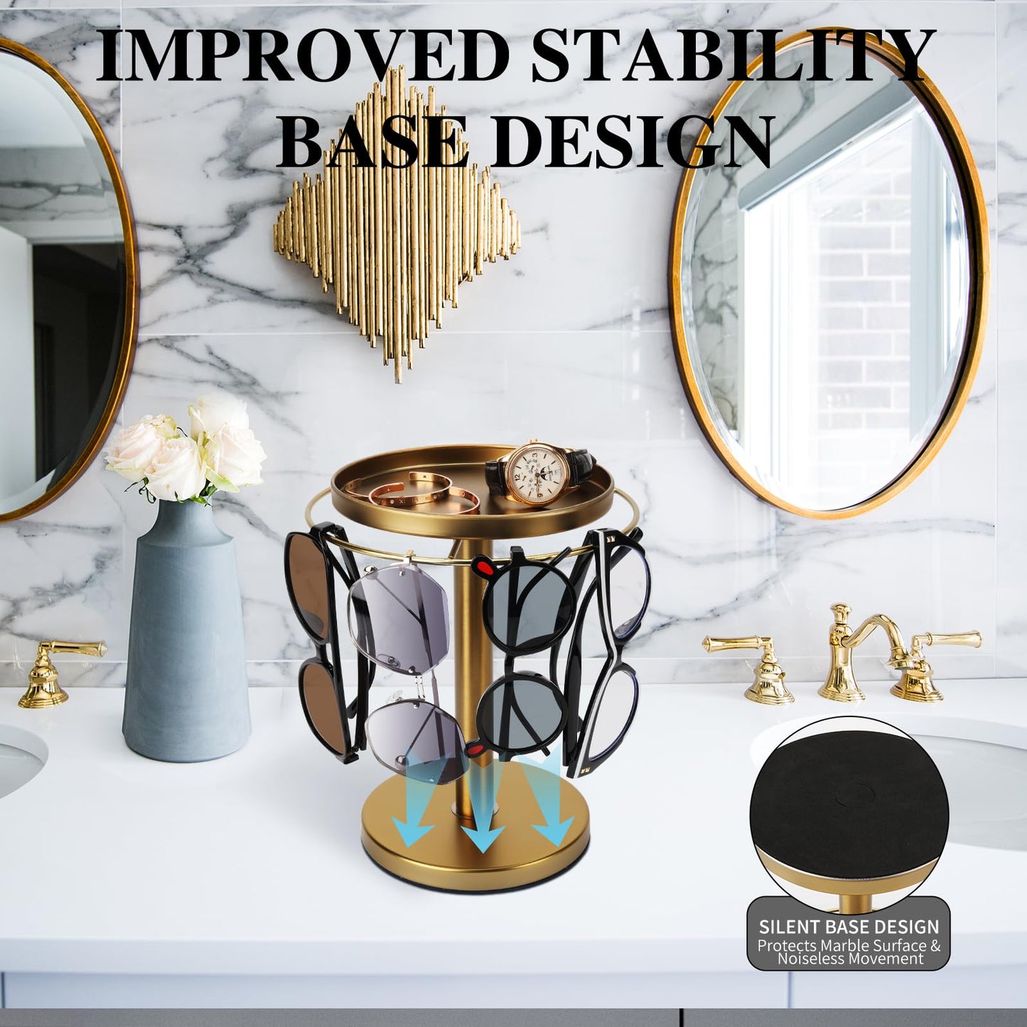 kondyfayo 360° Rotating Sunglass Organizer Storage, Stainless Steel Glasses Holder Stand, Glasses Organizer with Tray for Desk, Dresser, Tabletop, Nightstand and Home Decor (Gold)