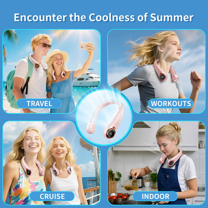 ZHZW Portable Neck Fan with 6000mAh USB - Rechargeable Battery, Ultra-Light Bladeless Neck Fan LED Display, 360° Cooling Wearable Fan, 3 Speeds (Pink)