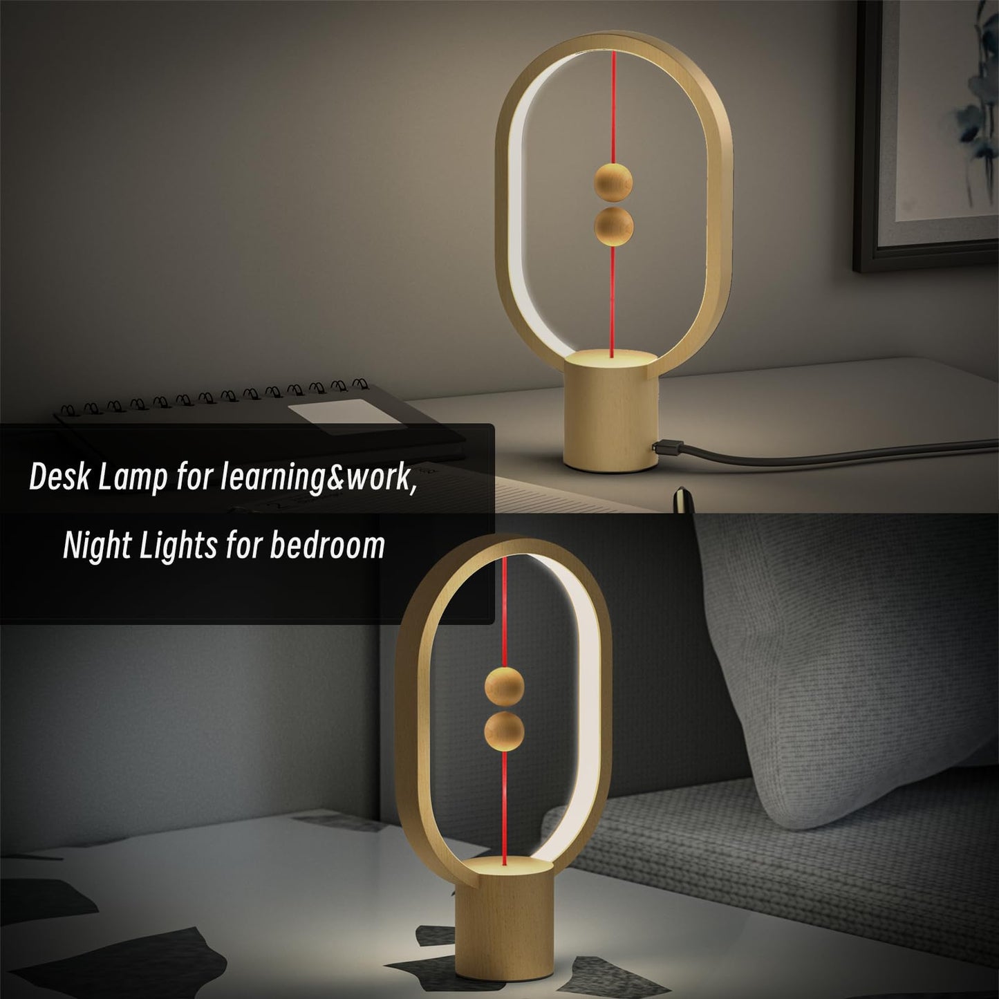 Xhope4u Bedroom Lamps - Mini Balance Lamps, Birthday Gifts, Bedside and Nightstand Lights, Plug-in Night Lights with Magnetic Base for Home, Office, and College Dorm (Wood Color)