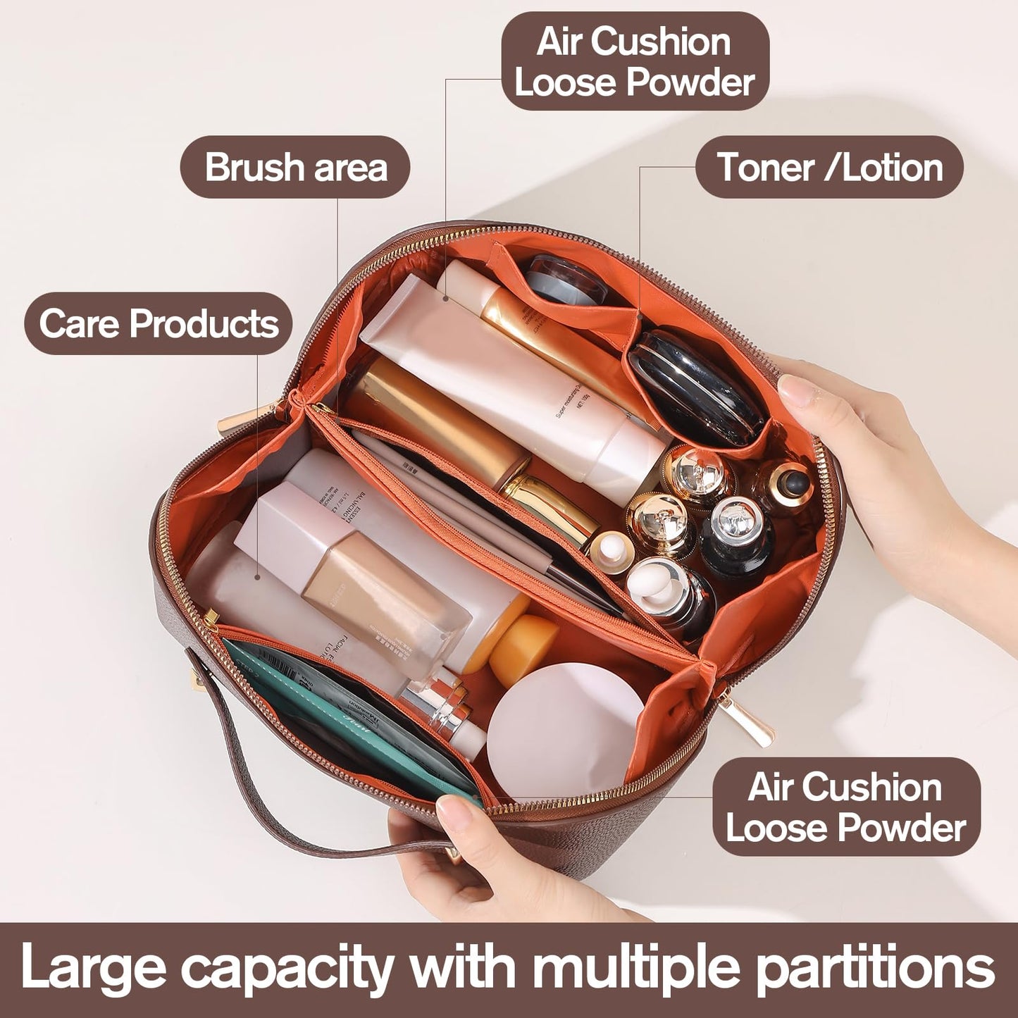 Cuteseason PU Leather Makeup Bag for Women, Structured Makeup Case with Wide Opening, Travel Cosmetic Bag with Compartments and Handle, Water-Resistant Makeup Organizer(Khaki, Lychee Grain)