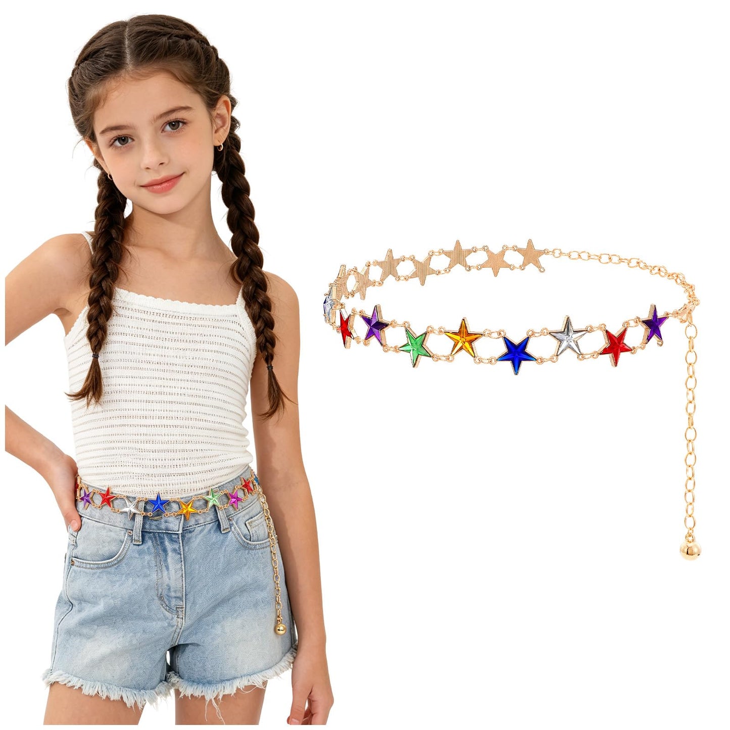 JKEEMI Girls Belt Gold Chain, Kids Adjustable Colorful Rhinestone Metal Waist Chain Belts for Girl Dresses Jeans Gifts