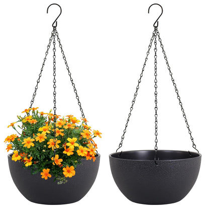 Meowell 8 inch Small Hanging Planters Plant Pots for Indoor Outdoor Plants, 2 Pack Hanging Flower Pots with Drainage Holes and Chain for Garden Porch, Plastic Hanging Baskets for House Plants, Black