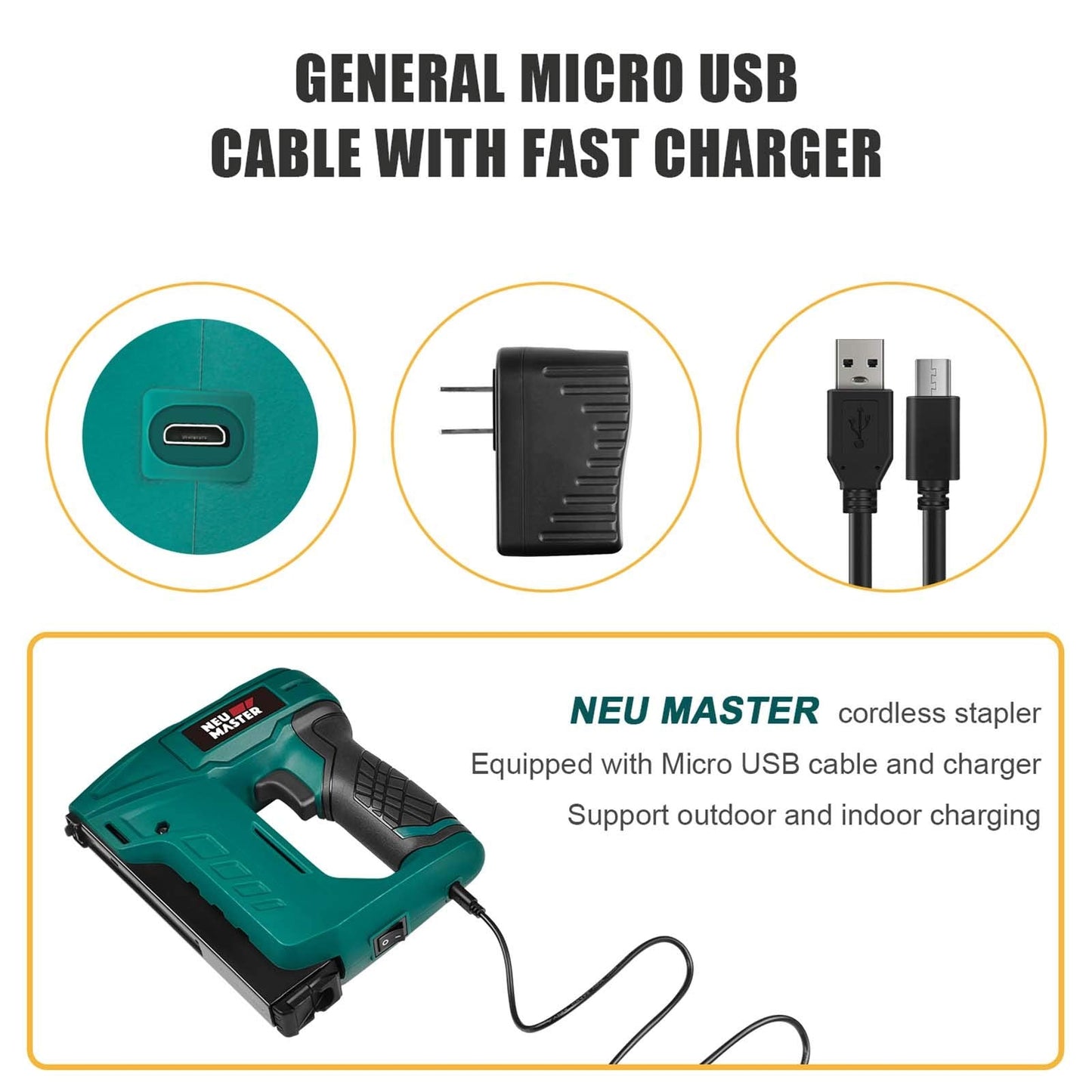 NEU MASTER Electric Staple Gun for Wood - Cordless Stapler Gun with T50 Staples, USB Charger, Heavy Duty Satple Gun for Upholstering, Crafts, DIY, Carpentry, Material Repair