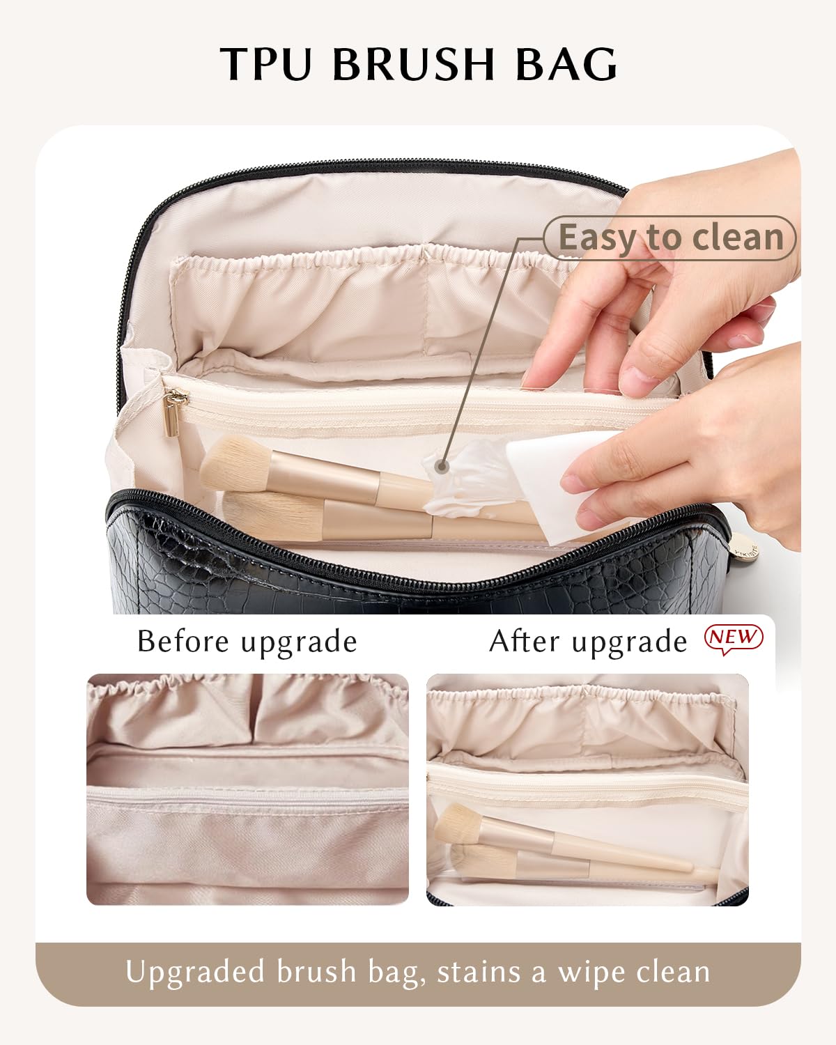Yikisite Make Up Bag, Cosmetic Organizer for Women, Waterproof Croc PU Leather Makeup Organizer with Divider and Handle Toiletry Bag Travel Bag (Croc Embossed, Black)